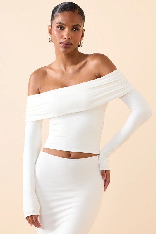 Modal Off-Shoulder Long-Sleeve Top in White - Size:L